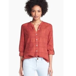 Peter Dunham by Lucky Brand Button Down Long Sleeve Cotton Blouse Rust Orange